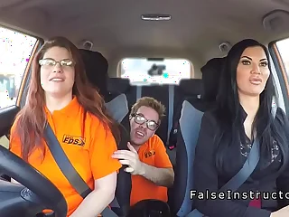 Busty babes threesome take driving school car